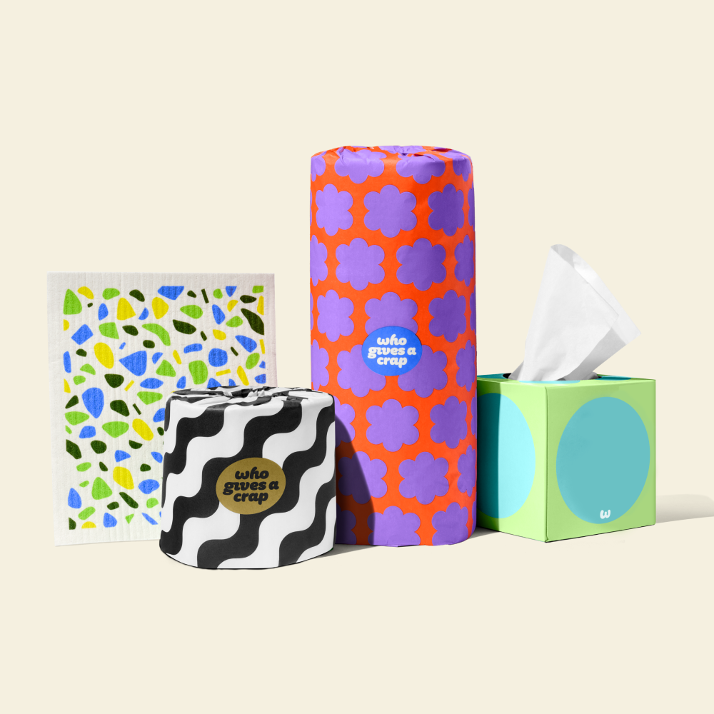 Bundle of Who Gives a Crap products with dream cloths, bamboo toilet paper, paper towel and tissues