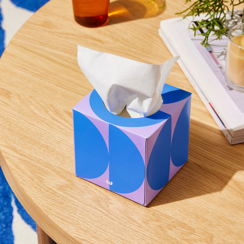 Who Gives a Crap tissue box on light wooden table.