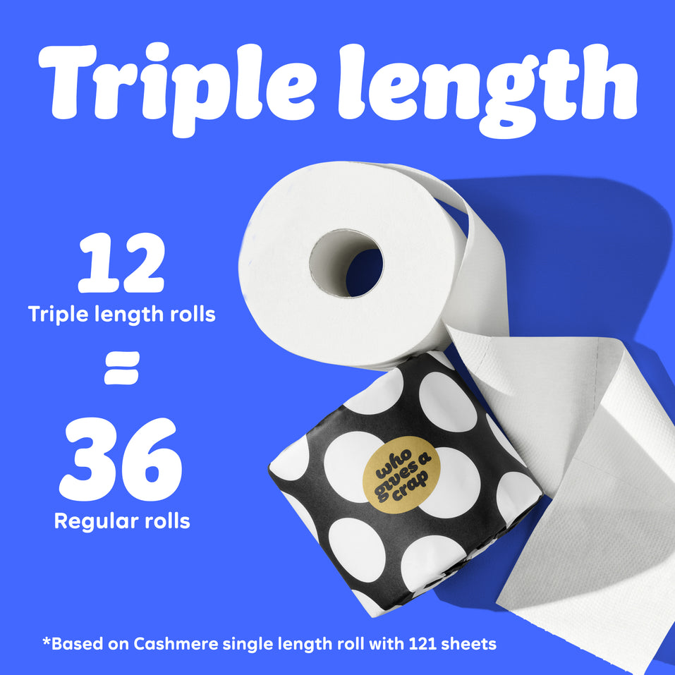 Graphic with blue background showing a toilet paper roll and black-and-white polka dot Who Gives A Crap packaging. Text reads: “12 triple length rolls = 36 Regular Rolls.” Small text at the bottom says: “Based on Cashmere single length roll with 121 sheets”