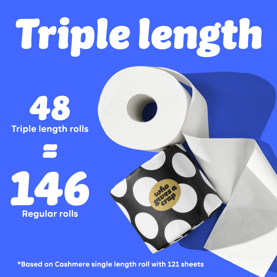 Graphic with blue background showing a toilet paper roll and black-and-white polka dot Who Gives A Crap packaging. Text reads: “48 triple length rolls = 146 Regular Rolls.” Small text at the bottom says: “Based on Cashmere single length roll with 121 sheets”