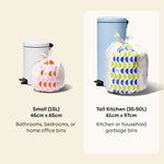 Visualisation of the two garbage bag sizes available. Highlighted Tall Kitchen (50-60L)  is 61cm x 97cm and is best for kitchen bins.Small (15L) is 46cm x 65cm and perfect for bathrooms, bedrooms or home office bins. 