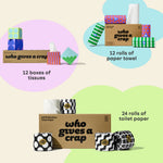 Visualisation of bundle inclusions calling out the bundle comes with 24 rolls of toilet paper, 6 rolls of paper towel and 12 boxes of tissues.