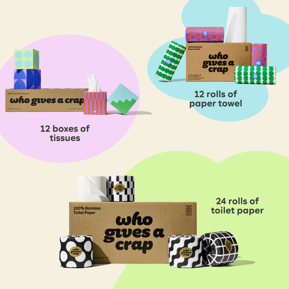 Visualisation of bundle inclusions calling out the bundle comes with 24 rolls of toilet paper, 6 rolls of paper towel and 12 boxes of tissues.