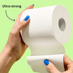 Super soft 3-ply bamboo toilet paper being held. Caption reads ‘Ultra strong’.