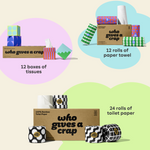 Visualisation of bundle inclusions calling out the bundle comes with 24 rolls of toilet paper, 12 rolls of paper towel and 12 boxes of tissues. 