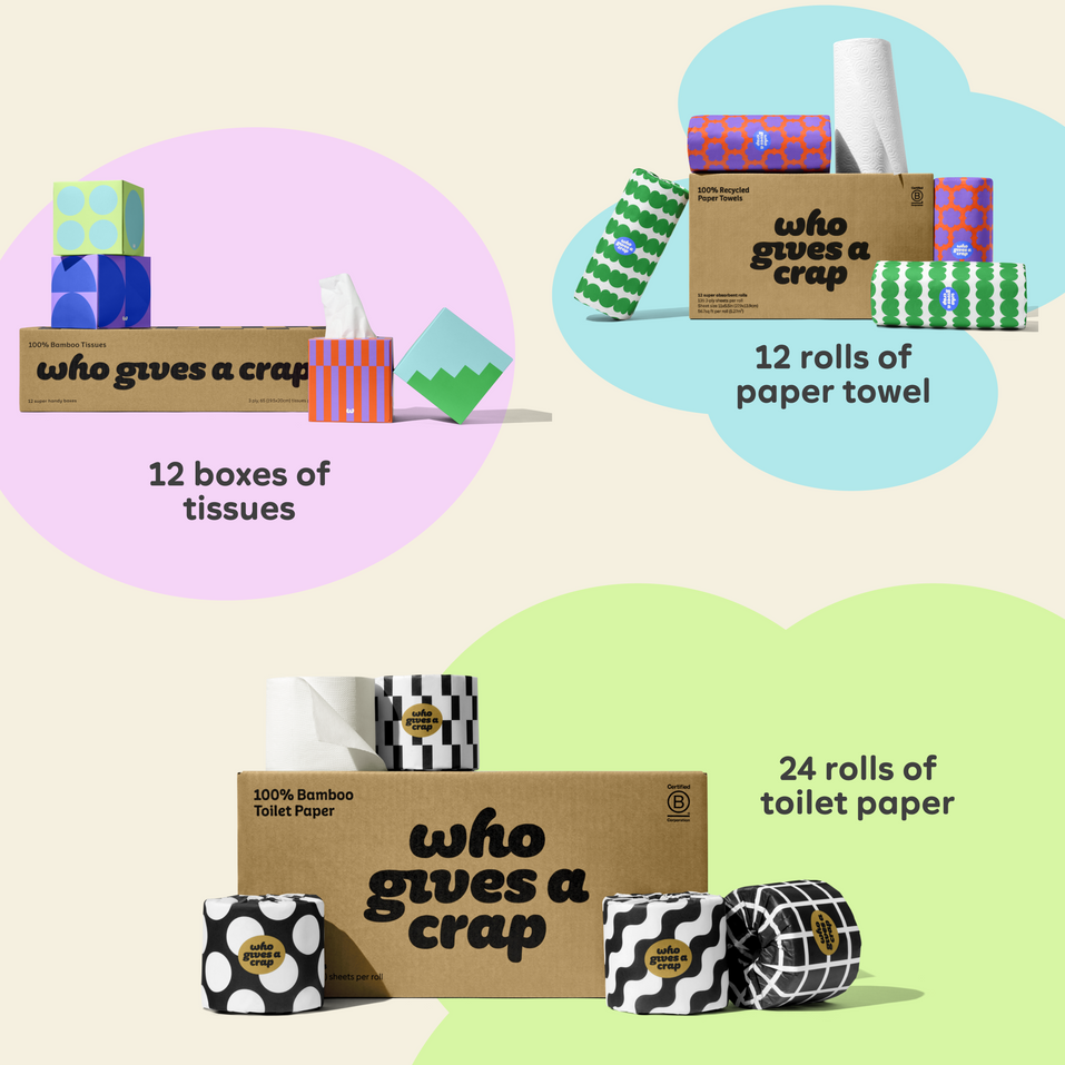 Visualisation of bundle inclusions calling out the bundle comes with 24 rolls of toilet paper, 12 rolls of paper towel and 12 boxes of tissues. 